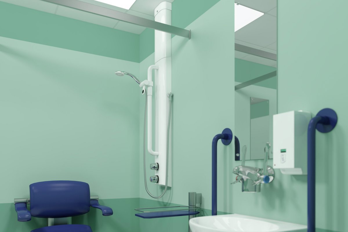 Wetroom with Horne TSV1 shower panel and Optitherm clinical handwashing tap