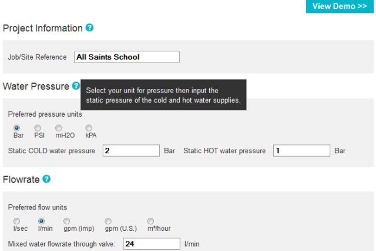 Horne Valve Sizing Tool - data input page