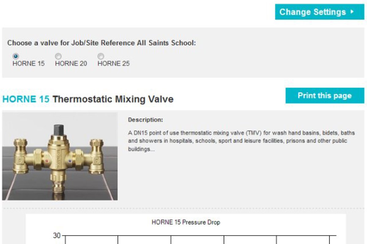 Horne Valve Sizing Tool  - Results screen