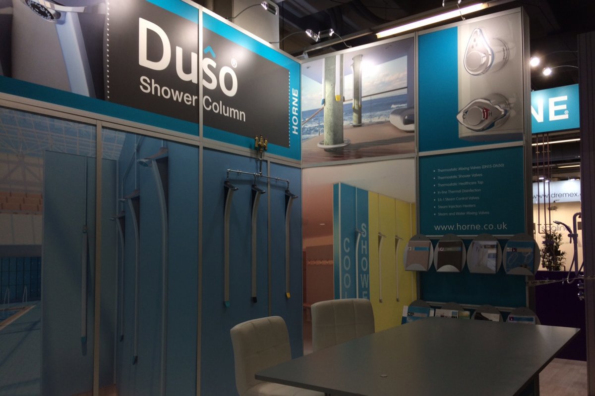 Horne Exhibition Stand ISH 2019 - Duso shower column array and graphics