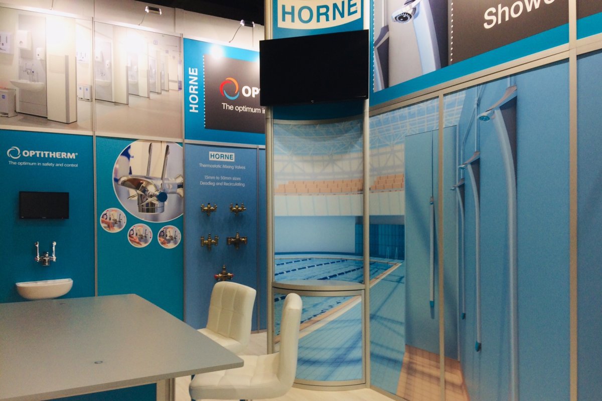Horne exhibition Stand ISH 2019 showing Duso shower column, Range of Thermostatic Mixing Valves and Optitherm thermostatic medical tap