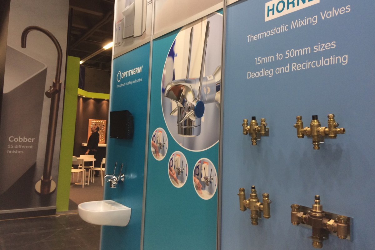Horne exhibition stand ISH 2019 - array of Thermostatic Mixing Valves and Optitherm thermostatic medical tap