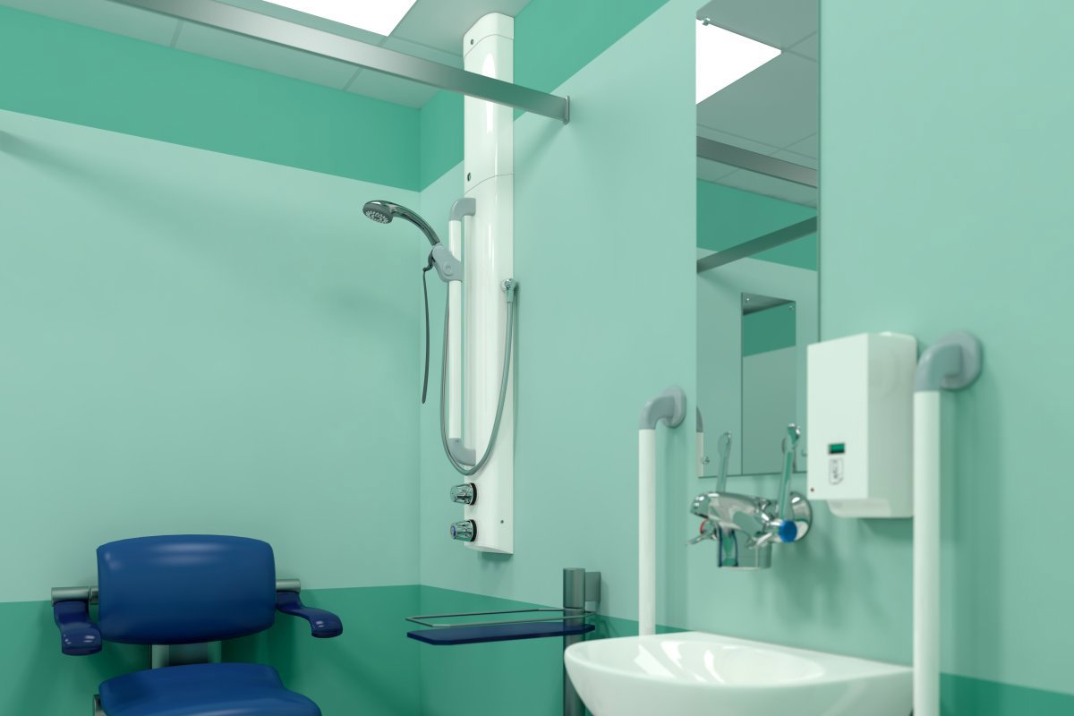 Horne T108T4 shower panel in accessible wetroom with grab rails