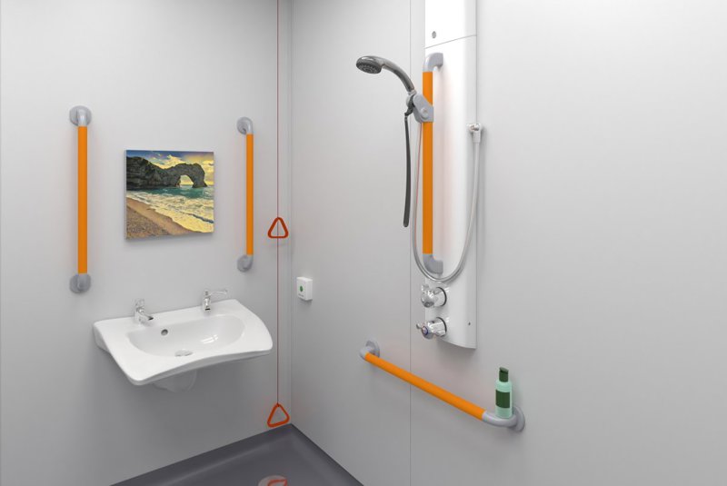 T1Y8A2L shower in dementia en-suite with highly visible supportive grab and riser bar