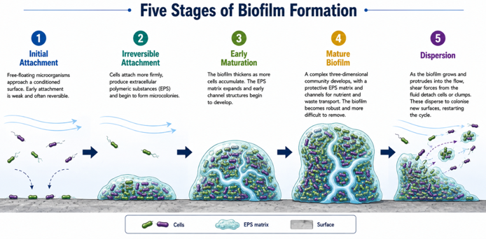 Elevated Velocity Flushing: 5 Stages of Biofilm Formation